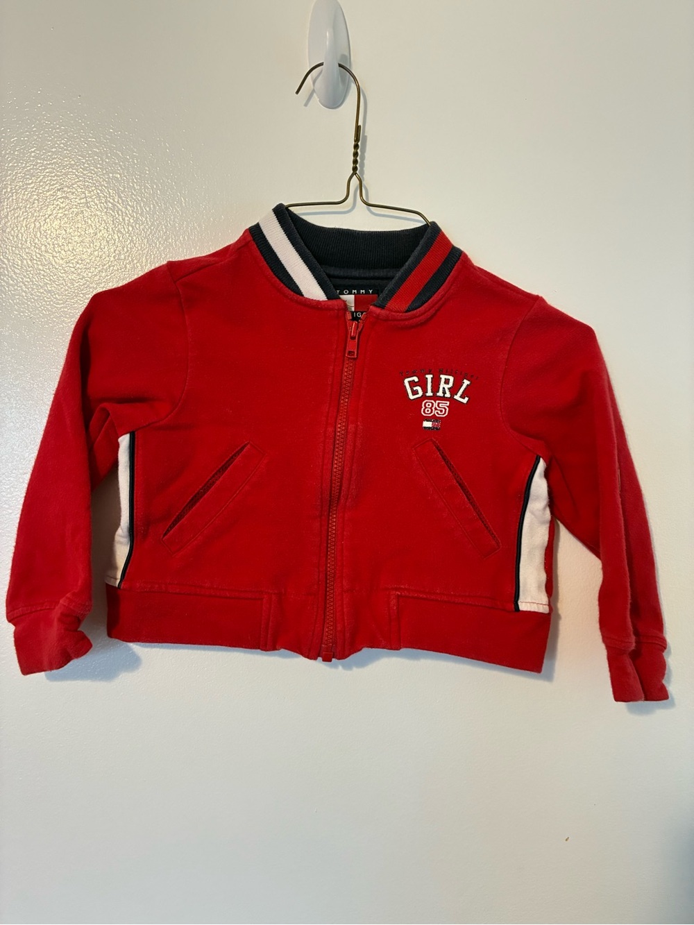 Tommy Hilfiger Red Girls' Zip-Up Bomber Jacket with Contrast Trim